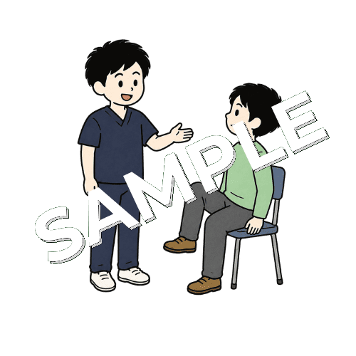 座ったままの膝上げ運動を指導する男性柔道整復師のイラスト