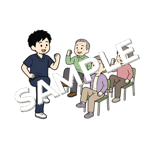 介護施設で高齢者に集団体操を指導する男性柔道整復師のイラスト