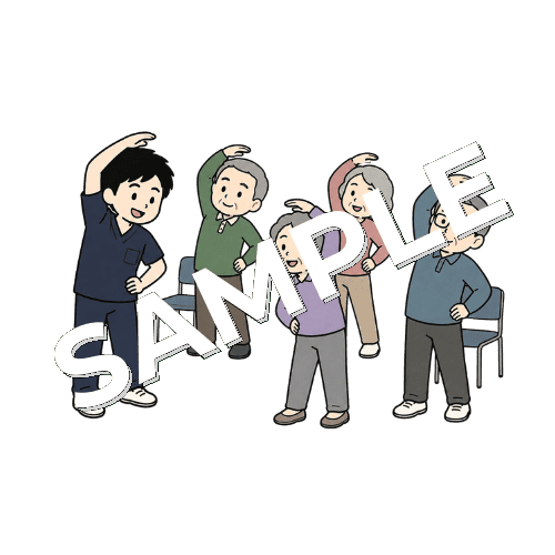 公民館で高齢者向けストレッチ講座を行う男性柔道整復師のイラスト