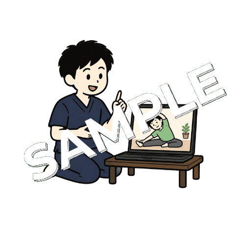 リモートでストレッチ指導をする男性柔道整復師のイラスト