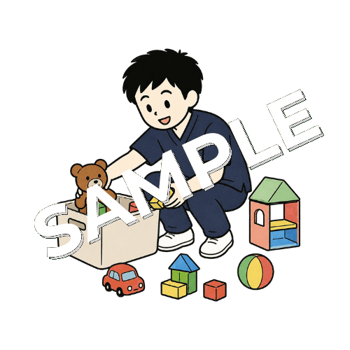 キッズスペースのおもちゃを片付ける男性柔道整復師のイラスト