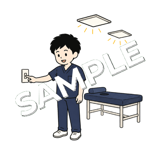 朝礼前に施術室の照明をつける男性柔道整復師のイラスト