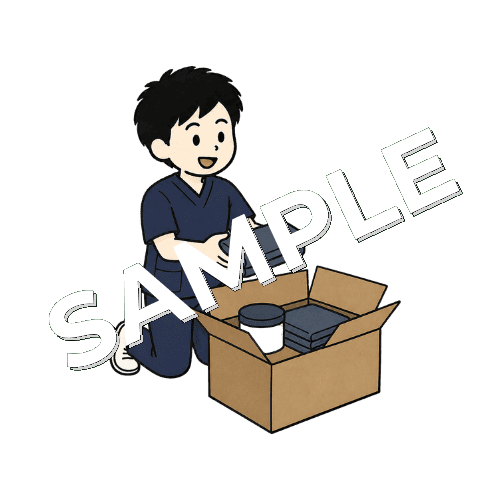 新しい院内備品を開封する男性柔道整復師のイラスト