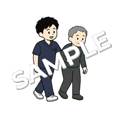 高齢患者の歩行を横で見守る男性柔道整復師のイラスト