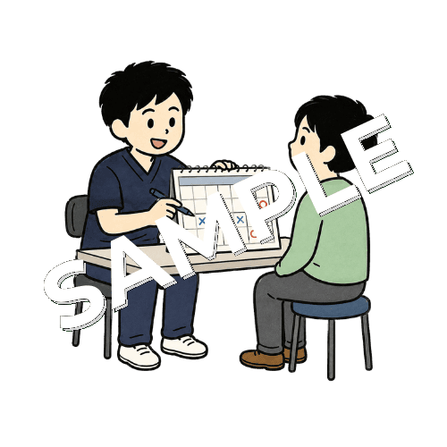 カレンダーに通院スケジュールを書き込む男性柔道整復師のイラスト