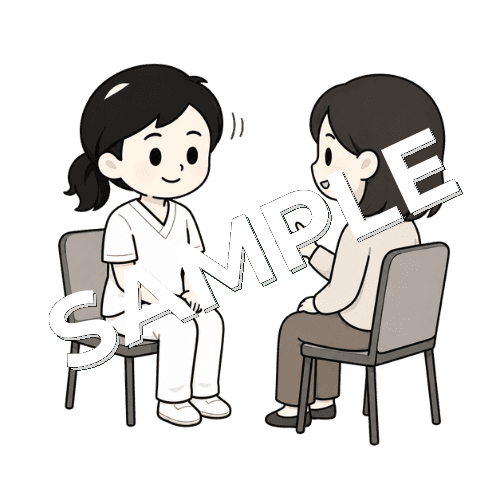 患者の発話を聞きながらうなずく女性言語聴覚士のイラスト
