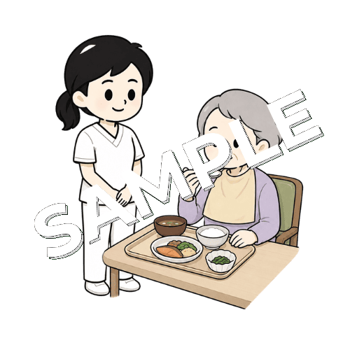 食事場面を見守る女性言語聴覚士のイラスト