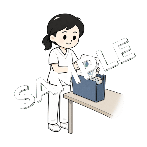 評価結果をファイルにまとめる女性言語聴覚士のイラスト