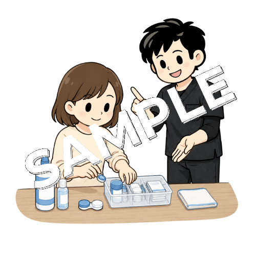 コンタクトレンズ用品を整理する患者と男性作業療法士のイラスト