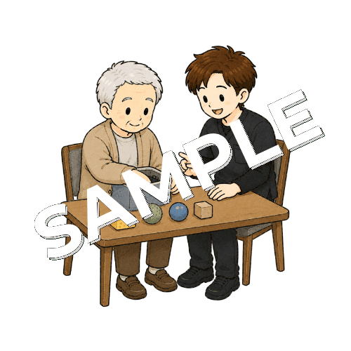 箱の中の物を手探りで当てる訓練をする患者と男性作業療法士のイラスト
