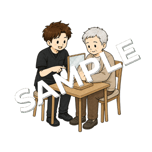 鏡を使ったミラーセラピーを行う患者と男性作業療法士のイラスト
