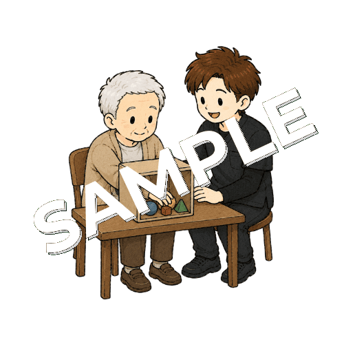 触覚識別課題を行う患者と男性作業療法士のイラスト