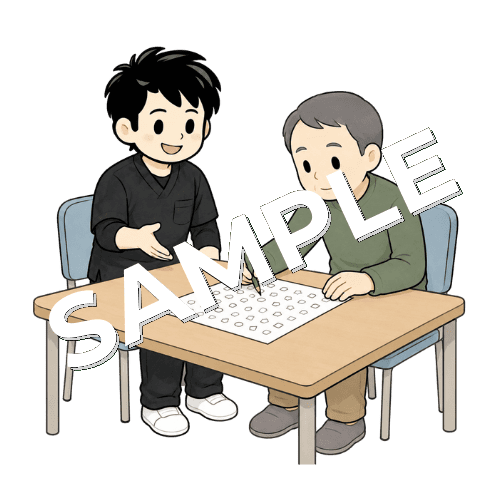 半側空間無視の探索課題を行う患者と男性作業療法士のイラスト