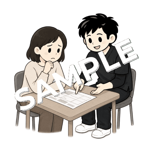 うつ状態の患者と活動計画を立てる男性作業療法士のイラスト