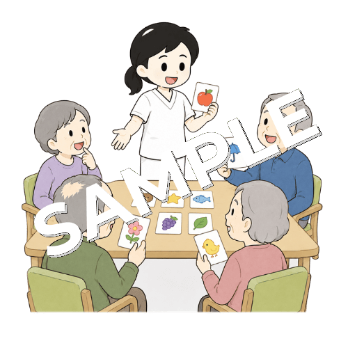 レクリエーションで言葉遊びをする女性言語聴覚士のイラスト