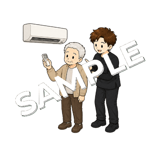 エアコン操作を練習する患者と男性作業療法士のイラスト