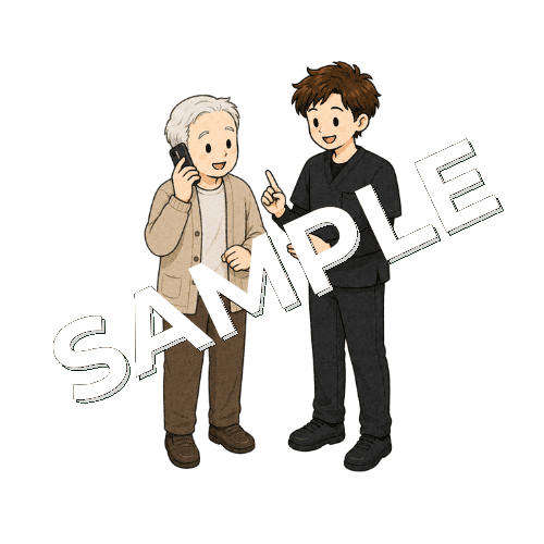 スマホで家族に電話する練習をする患者と男性作業療法士のイラスト