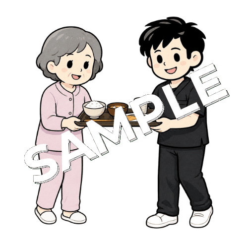 配膳トレーを運ぶ練習をする患者と男性作業療法士のイラスト