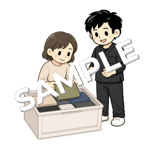 衣装ケースから服を選ぶ練習をする患者と男性作業療法士のイラスト