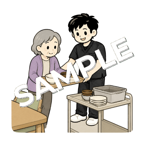食後の片付けを練習する患者と男性作業療法士のイラスト
