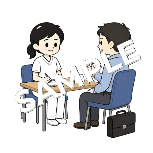 職場復帰に向けた会話練習をする女性言語聴覚士のイラスト