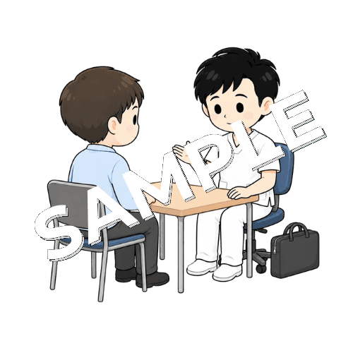 職場復帰に向けた会話練習をする男性言語聴覚士のイラスト
