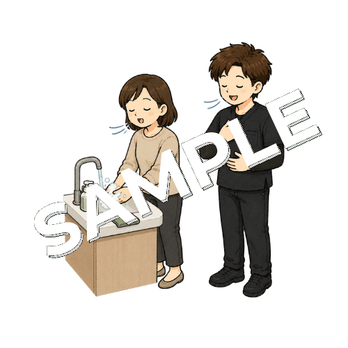 呼吸を整えながら生活動作を練習する患者と男性作業療法士のイラスト