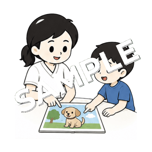 絵を見て説明する練習をする女性言語聴覚士のイラスト