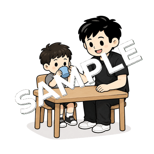 小児患者とコップ飲みを練習する男性作業療法士のイラスト