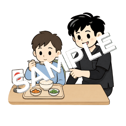 左側に目印を置いて食事練習をする患者と男性作業療法士のイラスト