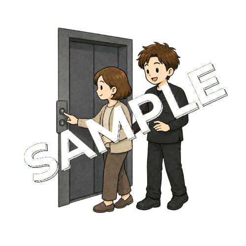 エレベーター操作を練習する患者と男性作業療法士のイラスト