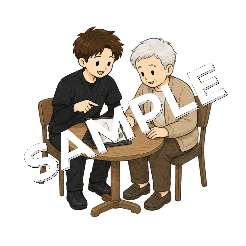 メール送信を練習する患者と男性作業療法士のイラスト