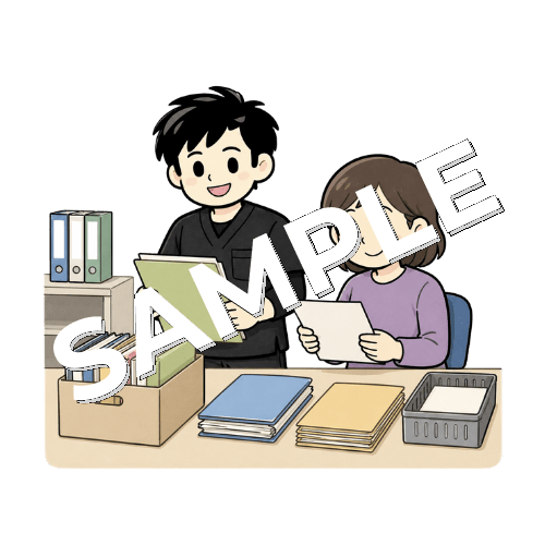 事務作業のファイル整理を練習する患者と男性作業療法士のイラスト