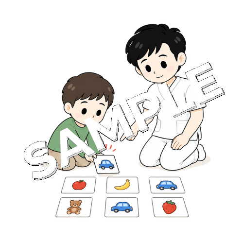 同じ絵カードを探す訓練をする男性言語聴覚士のイラスト