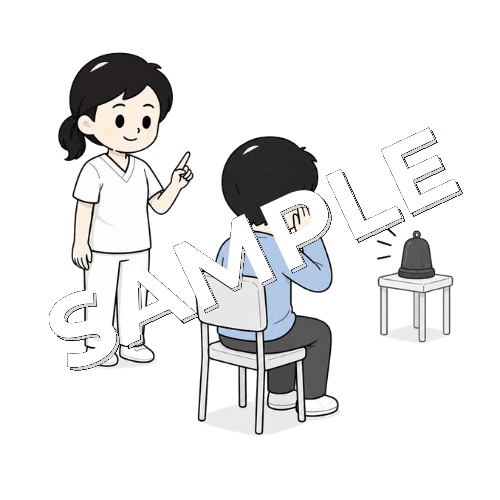 音の方向を当てる練習をする女性言語聴覚士のイラスト