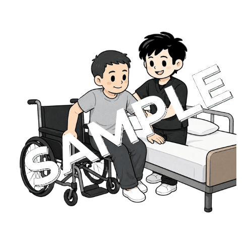 車椅子からベッドへの横移乗を練習する患者と男性作業療法士のイラスト