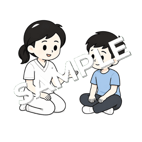 話を最後まで聞く練習をする女性言語聴覚士のイラスト