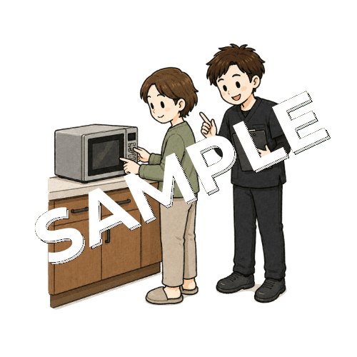 電子レンジ操作を練習する患者と男性作業療法士のイラスト