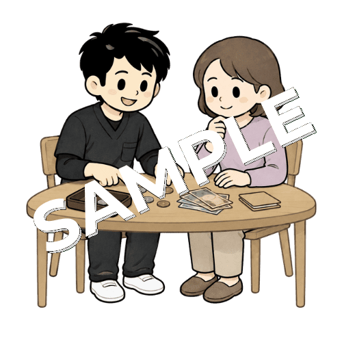 金銭管理の練習をする患者と男性作業療法士のイラスト