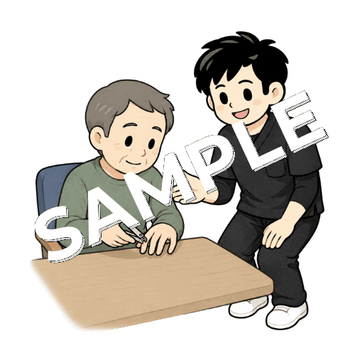 爪切り動作を練習する患者と男性作業療法士のイラスト
