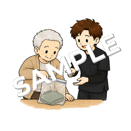 片手で袋を開ける練習をする患者と男性作業療法士のイラスト