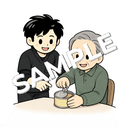 缶詰を開ける練習をする患者と男性作業療法士のイラスト