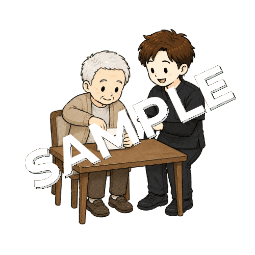 片手で封筒を開ける練習をする患者と男性作業療法士のイラスト