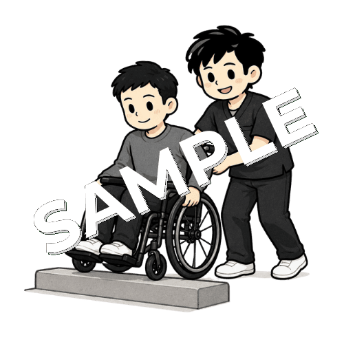 車椅子で段差越えを練習する患者と男性作業療法士のイラスト