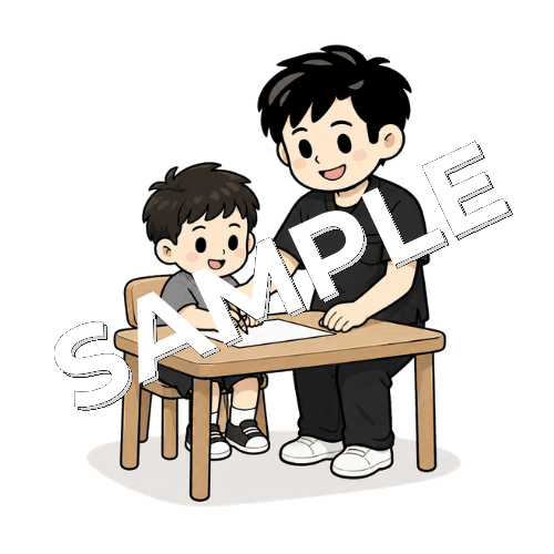 小児患者と鉛筆の持ち方を練習する男性作業療法士のイラスト
