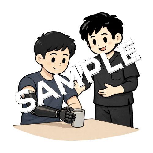 義手の操作練習をする患者と男性作業療法士のイラスト