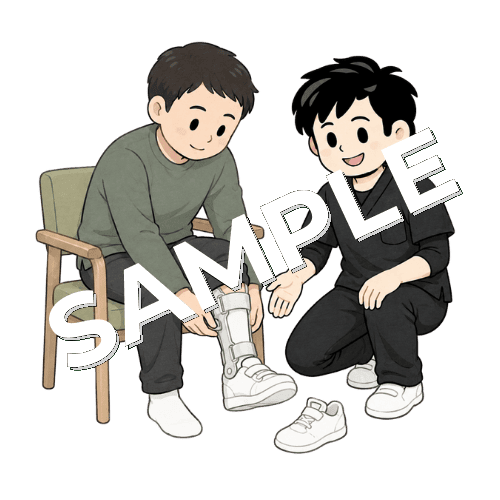 装具をつけたまま靴を履く練習をする患者と男性作業療法士のイラスト