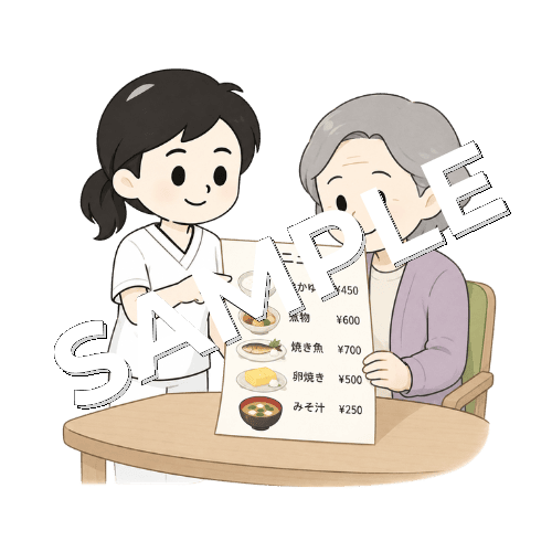 メニュー表を読む練習をする女性言語聴覚士のイラスト