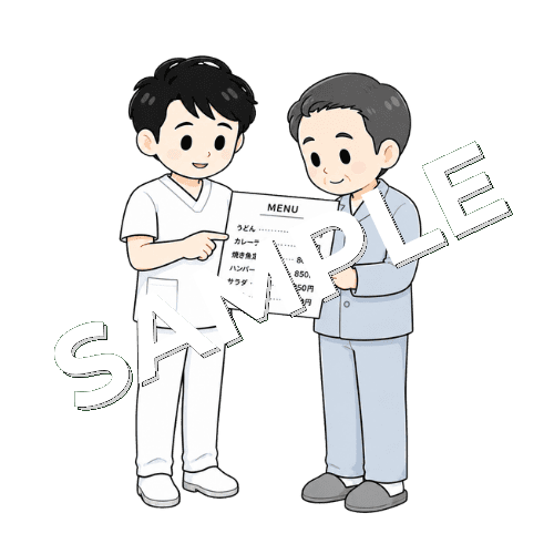メニュー表を読む練習をする男性言語聴覚士のイラスト