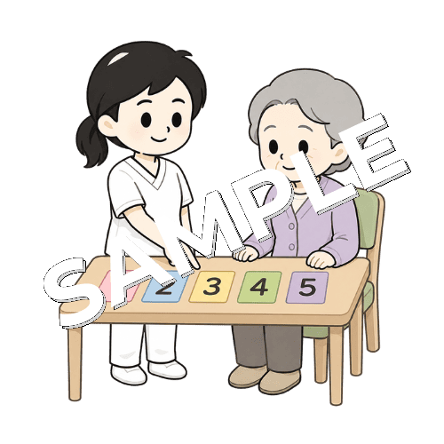 数字を読む訓練をする女性言語聴覚士のイラスト